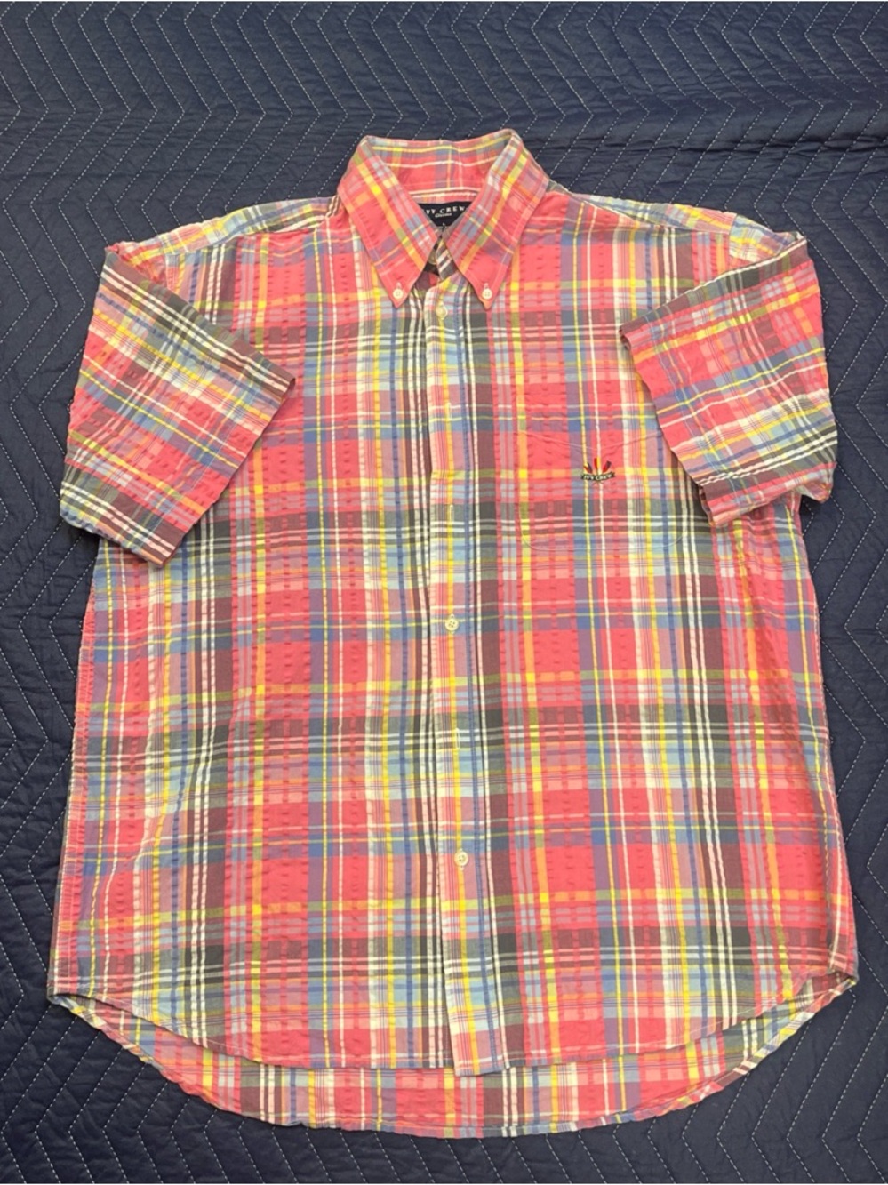 Ivy Crew Men's Pink Blue Plaid Logo Seersucker Short Sleeve Button Shirt L